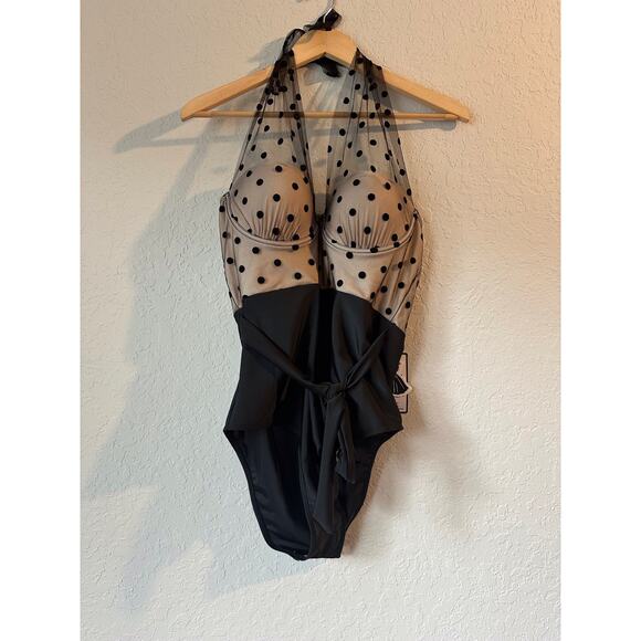 Retro Stage🌿Black Polka Dot Halter Swimsuit XL Mesh Pin-Up 1950's Inspired - Picture 8 of 9